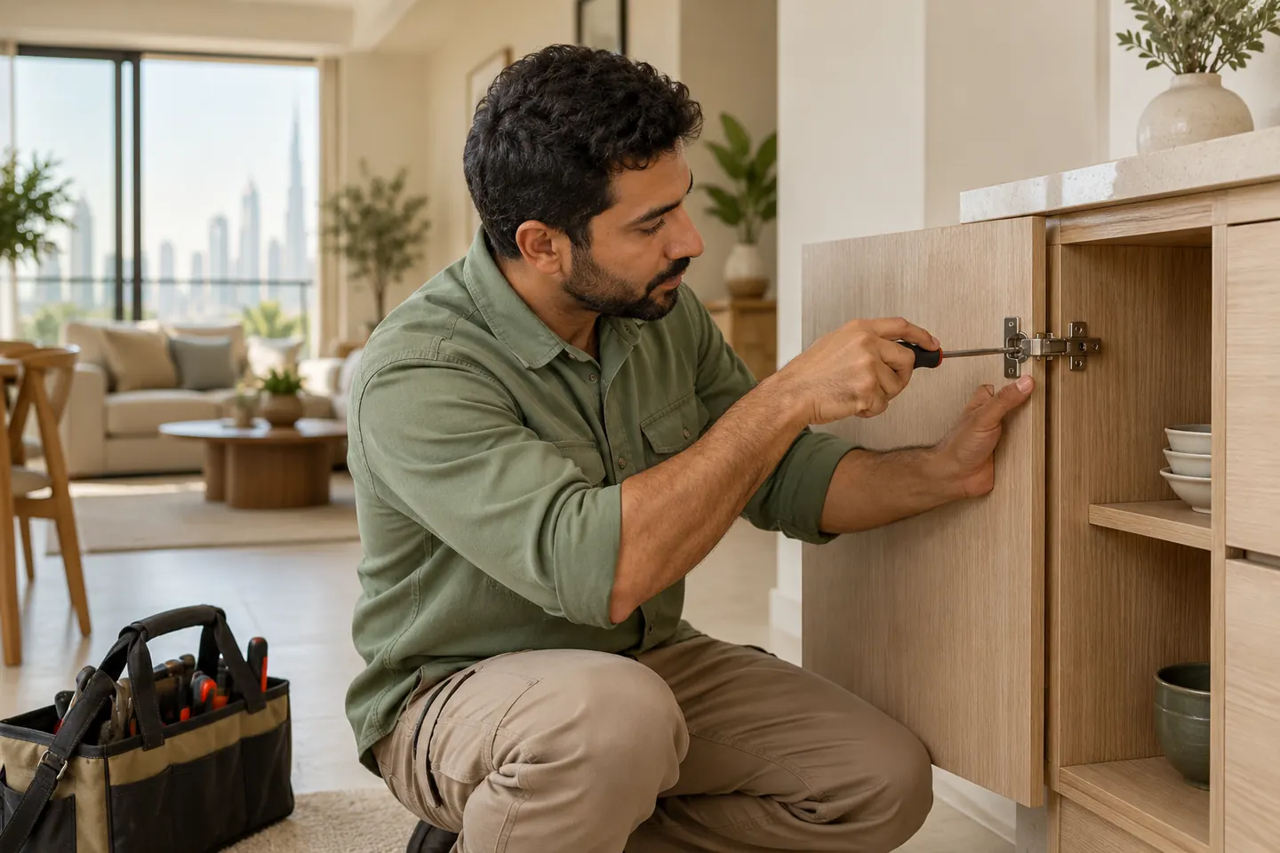 Illustrative scene: A handyman adjusting a cabinet hinge