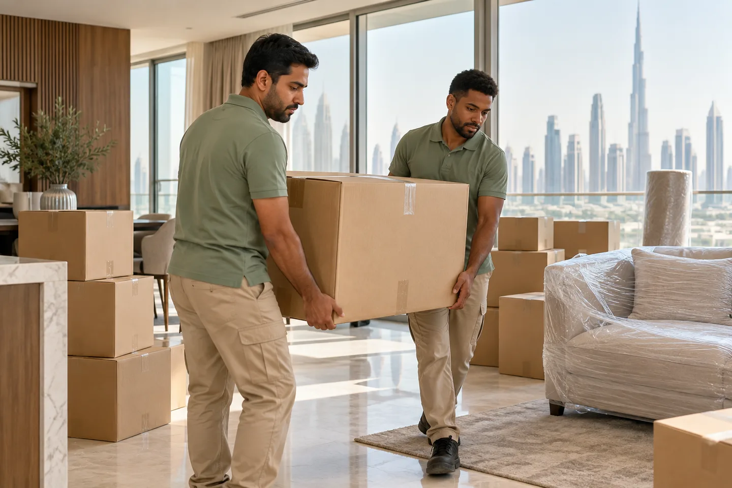 Illustrative scene: Movers carrying a box in an apartment